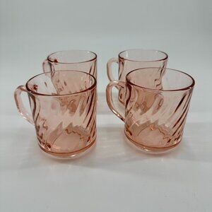Vintage Set of 4 Pink Depression Glass Swirl / Spiral Mugs - 1930s Style